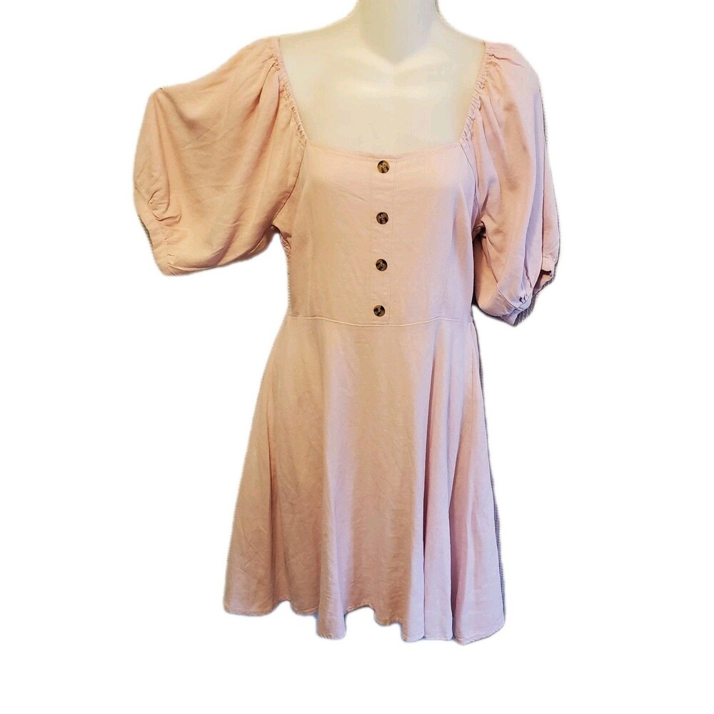 Vera Moda Sz Small Pink Linen Mini Rouched Back Dress Balloon Sleeve Pastel